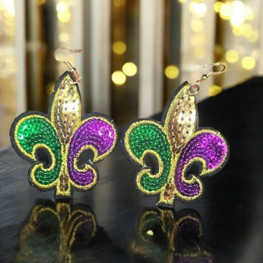 Sequin Fleur-de-Lis Earrings Mardi Gras Carnival Embroidered Dangle Jewelry New